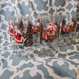 Vtg Luminarc Christmas Glasses 1992 "Santa w/Sleigh &Tree 16oz Tumbler (6)